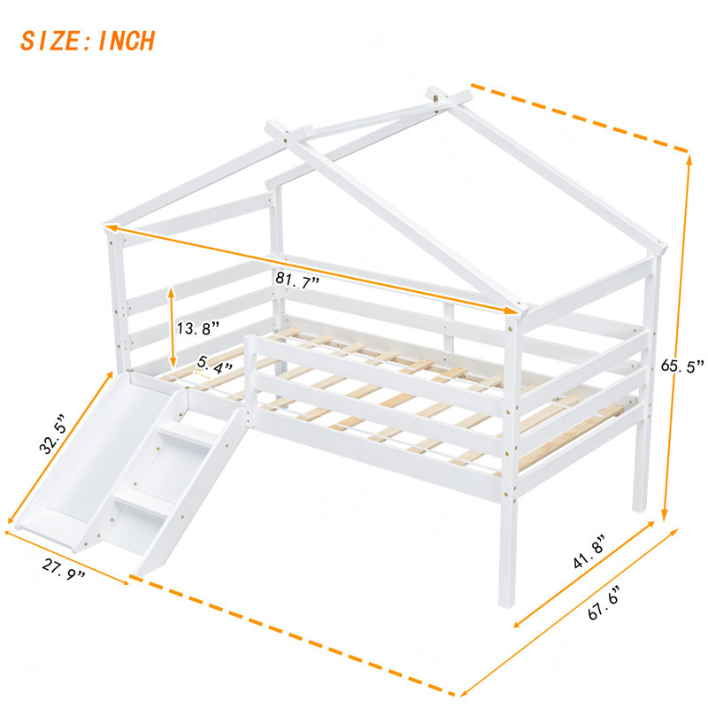 Lit simple mezzanine bas avec glissade, échelle, garde-corps de sécurité, structure de toit de maison, blanc