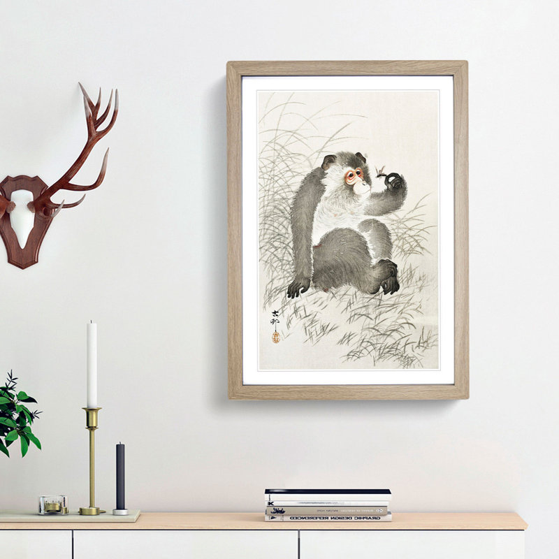 Monkey with an Insect by Ohara Koson - Picture Frame Painting Print, 36cm H x 27cm W x 2cm D, Oak Framed