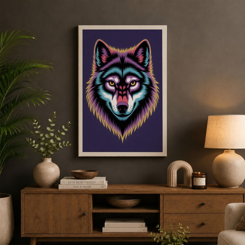 Neon Wolf Modern - Wrapped Canvas, 18x12 - 45.7 x 30.5 cm, Black Border