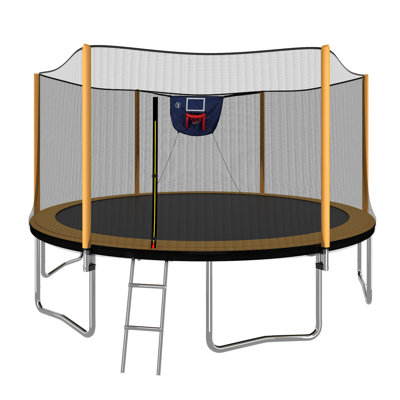 Trampoline 14FT avec cerceau de basketball, enceinte de sécurité extérieure, échelle et gonfleur - Trampoline extérieur orange pour enfants et famille