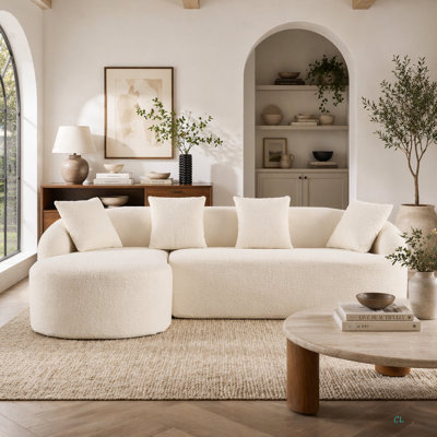 Boneless L-Shape Sectional Sofa With Curved Chaise,White Modular Chenille Compression Couch,30D High-Density Foam,Minimalist Modular Couches Sleeper For Living Room Bedroom Apartment Lounge.