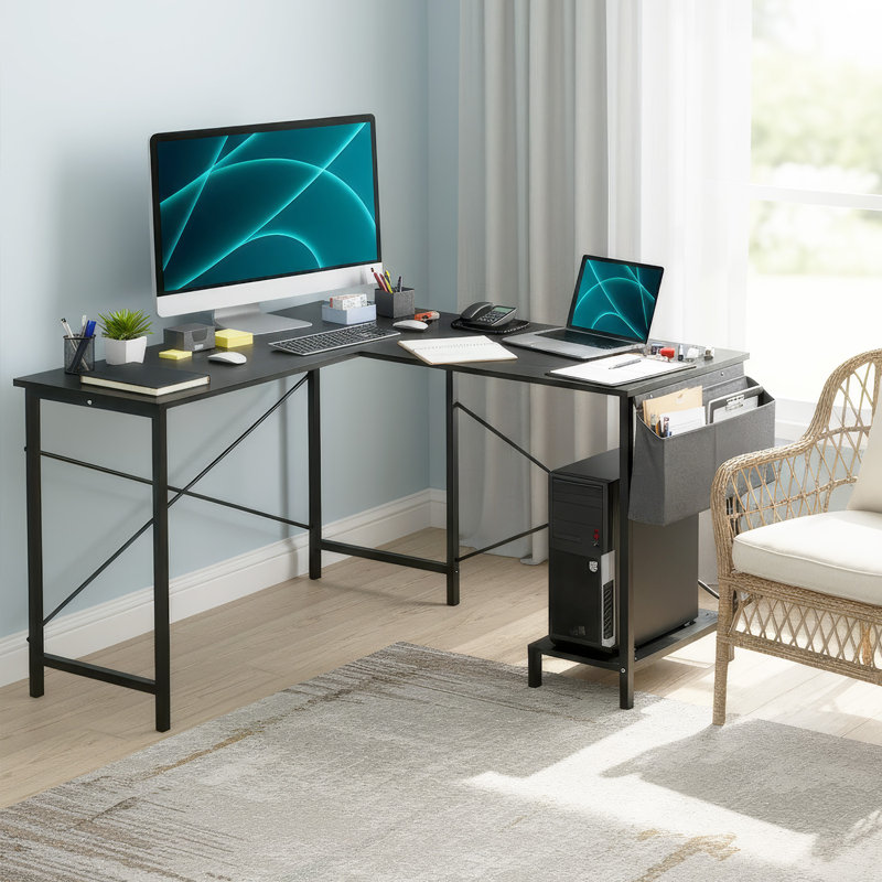 Bureau en L pour bureau de jeu de 50 po avec bureau en coin et sac de rangement latéral, Noir