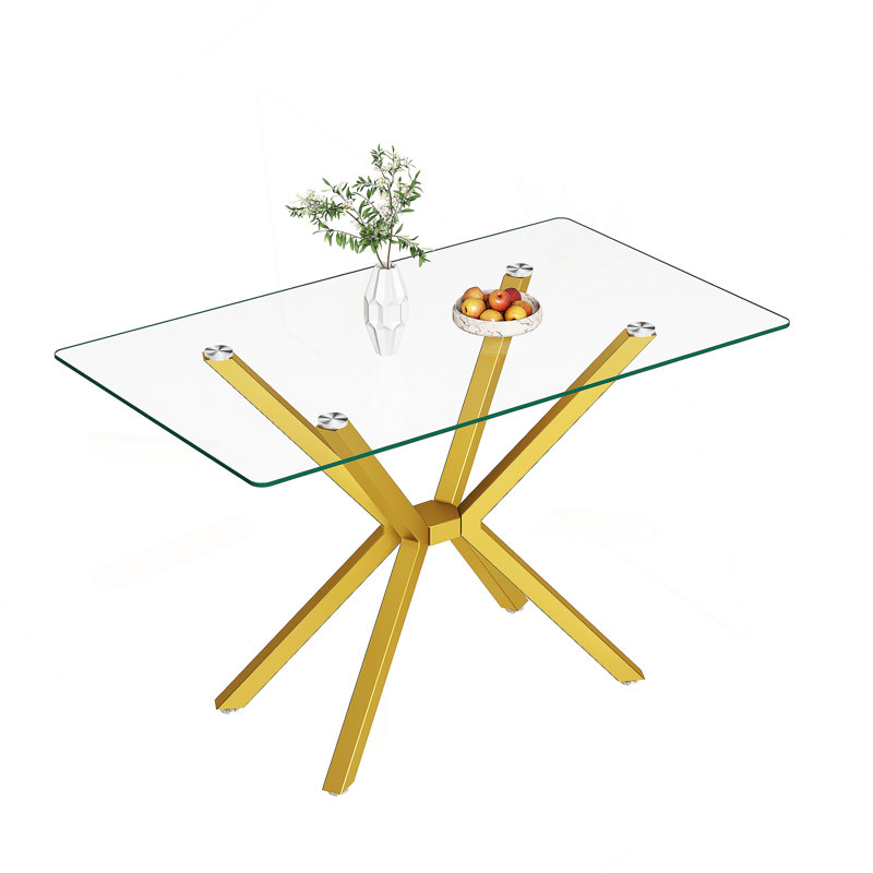 47.24" Rectangular Clear Tempered Glass Dining Table,Stylish Design with Gold Metal Legs, Kitchen Table for Dining Room, Gold