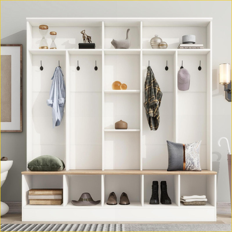 Hall d'entrée, rangement multifonctionnel pour vestibule 4 en 1 avec portemanteau, casiers à chaussures et amp; Banc, noir moderne | Noir | Panneau de particules