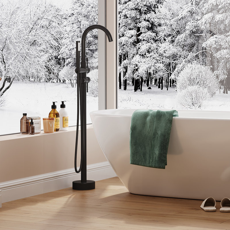 Robinet de baignoire à fixation au sol, robinet autoportant pour robinet de baignoire, robinets de douche à haut débit, mélangeur de douche pivotant avec douchette à main, débit maximal de 7,4 gal / min, noir mat