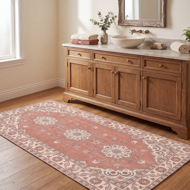 Tapis traditionnel persan à médaillon Lagoon, couleur orange, ivoire, or, vert et gris, lavable à la machine, antidérapant, à poils courts, idéal pour l'intérieur et l'extérieur, adapté aux animaux domestiques, pour salon, chambre, salle à manger, entrée, couloir, bureau.