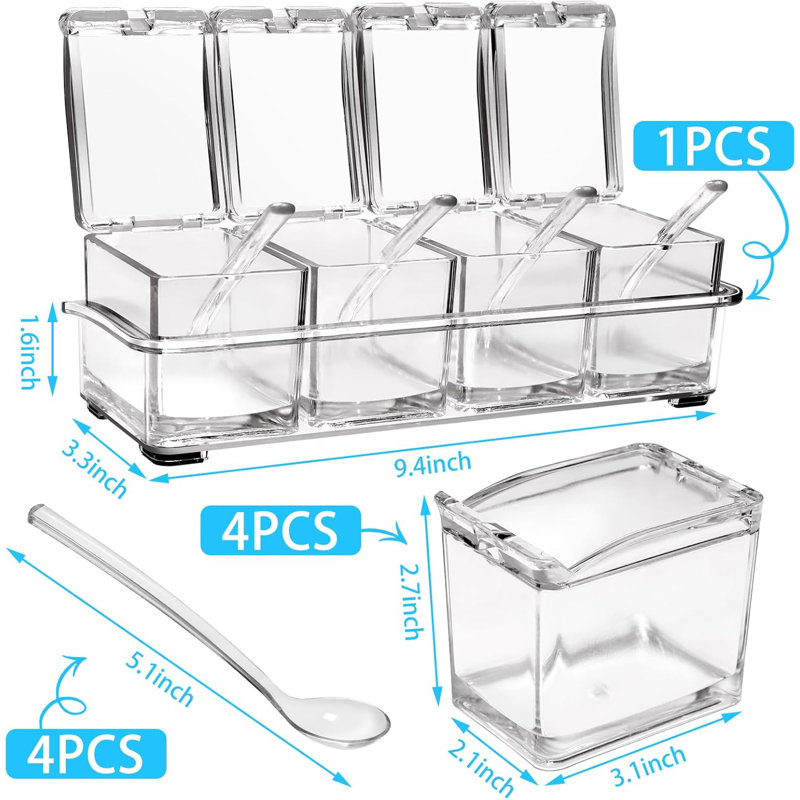 4-Cell Clear Seasoning Rack Spice Box, Storage Container Condiment Jars Acrylic Seasoning Box With Cover And Spoon (Enhanced Version Clear)