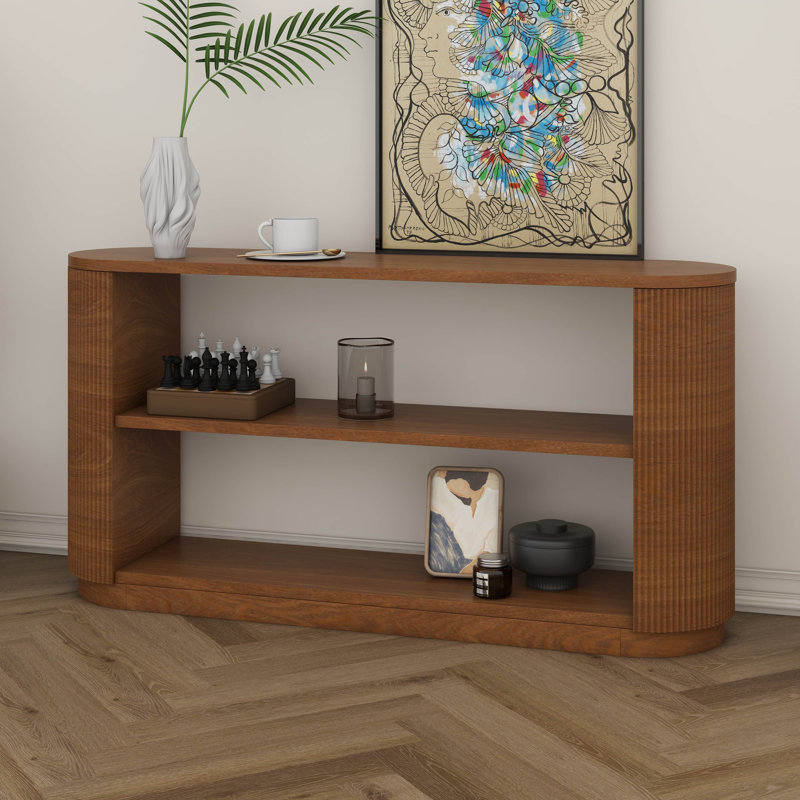 Table de canapé avec tablette ouverte et finition grain de bois, console d'entrée moderne, design polyvalent et peu encombrant