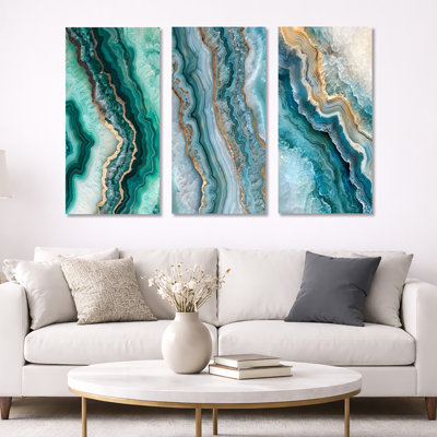 Agate Dream River III – Green Geode Framed Canvas Wall Art Set of 3