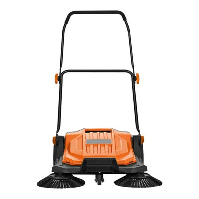 Balayeuse à plancher à pousser à la main, balai manuel non électrique avec une largeur de balayage de 25,6 po, une poubelle de 5 gallons et une poignée pliante réglable pour les garages et les garages - Orange