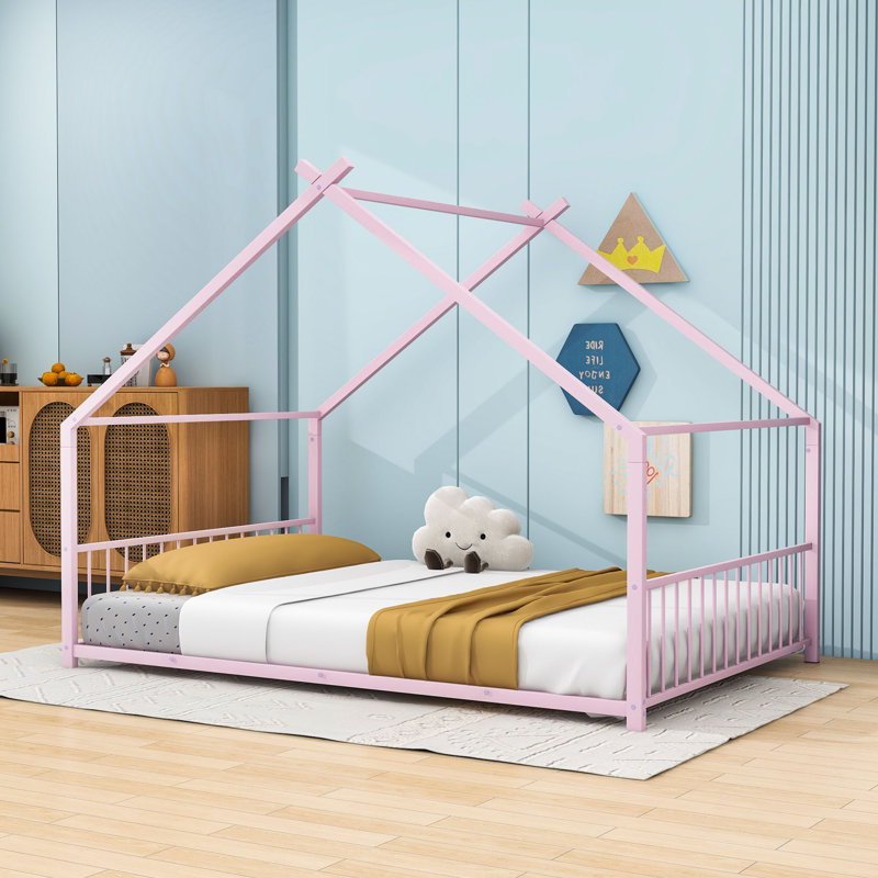 House Bed With Playhouse Design And Headboard, Full, Pink