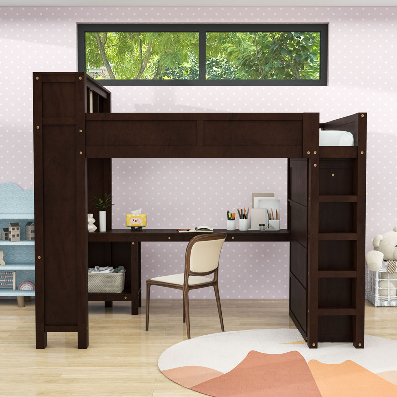 Lit mezzanine en bois avec bureau, garde-robe, charge USB et tablettes de rangement, Brun