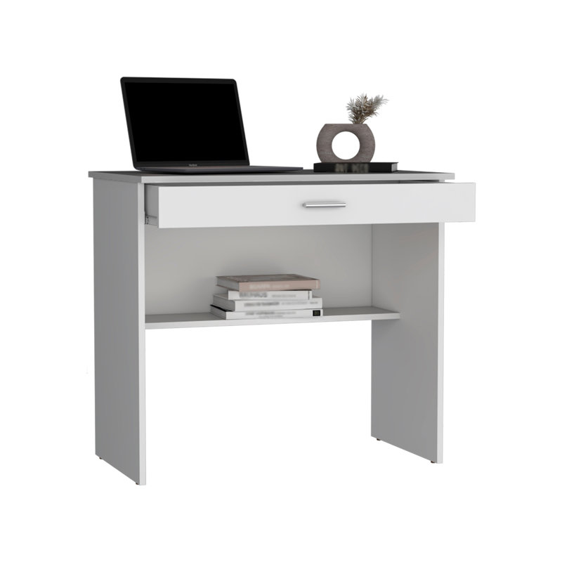 80 C Writting Desk, Compact Workstation with Drawer and Lower Shelf, White