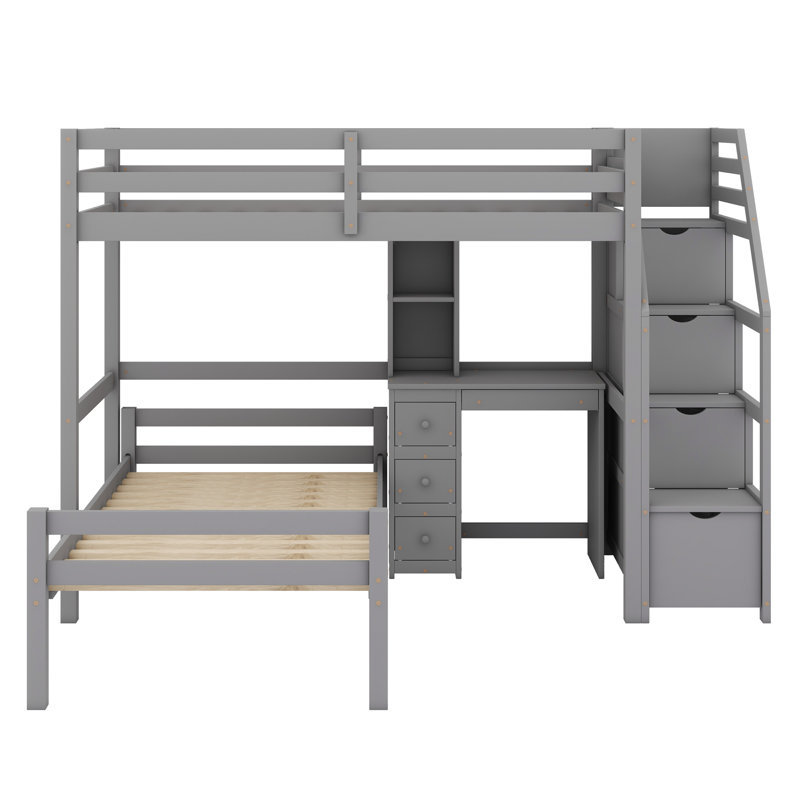 Lit mezzanine avec lit autonome, escalier de rangement, bureau, tablettes et tiroirs, Gris