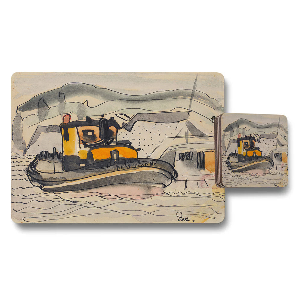 Tugboat Harbor Scene Placemat And Coaster Set Artwork