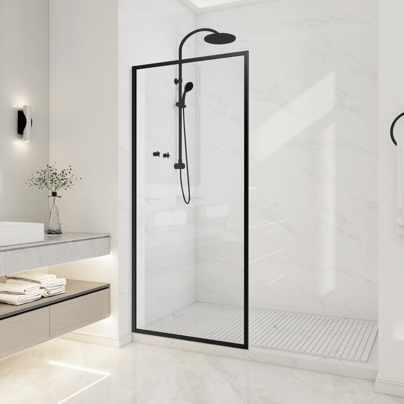 Welle 74 In. X 34 In. Framed Fixed Shower Screen Door In Matte Black With 5/16" (8Mm) Tempered Clear Glass, Clear