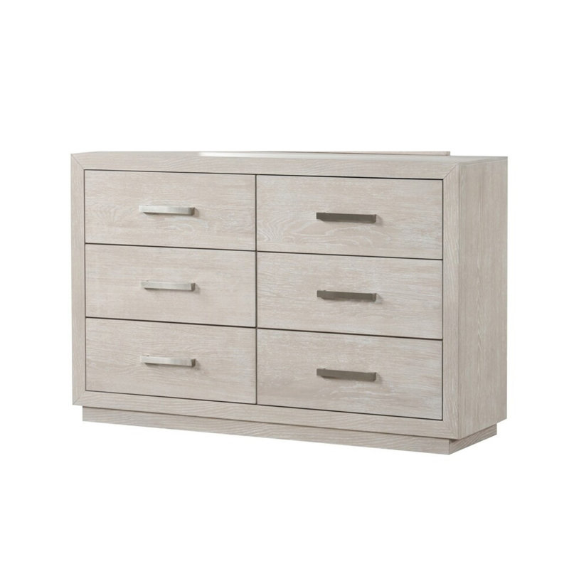 Grande commode Kexa, 6 tiroirs, bois massif gris clair, métal nickel