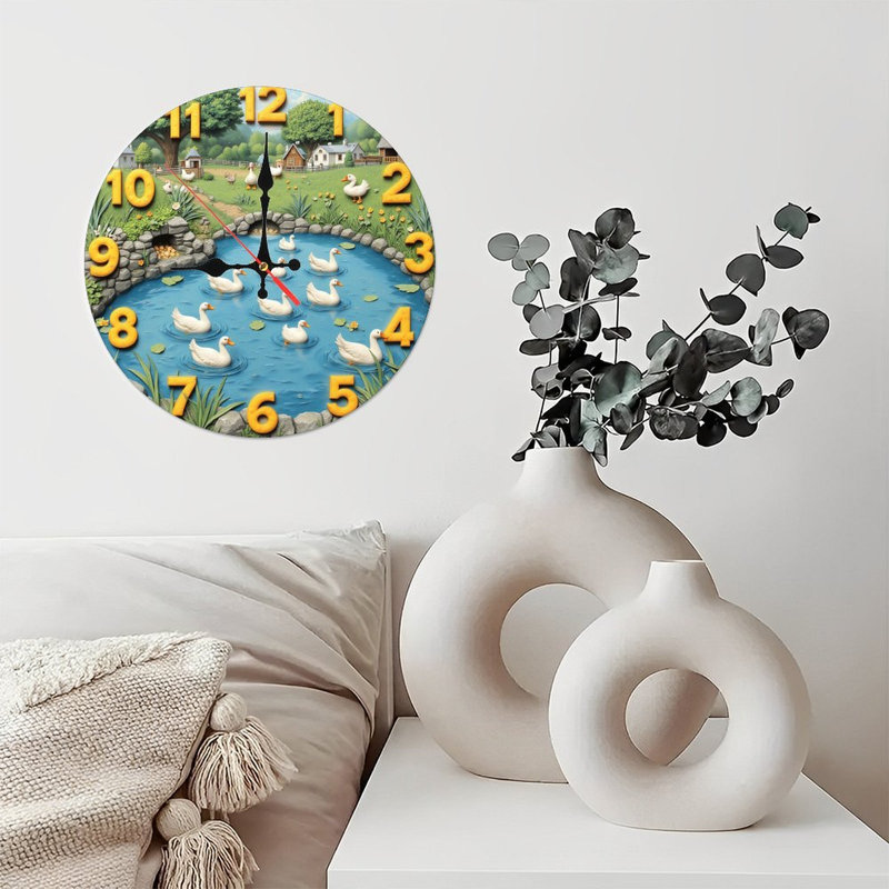 ferme, canards, étang, horloge, numéros, scène