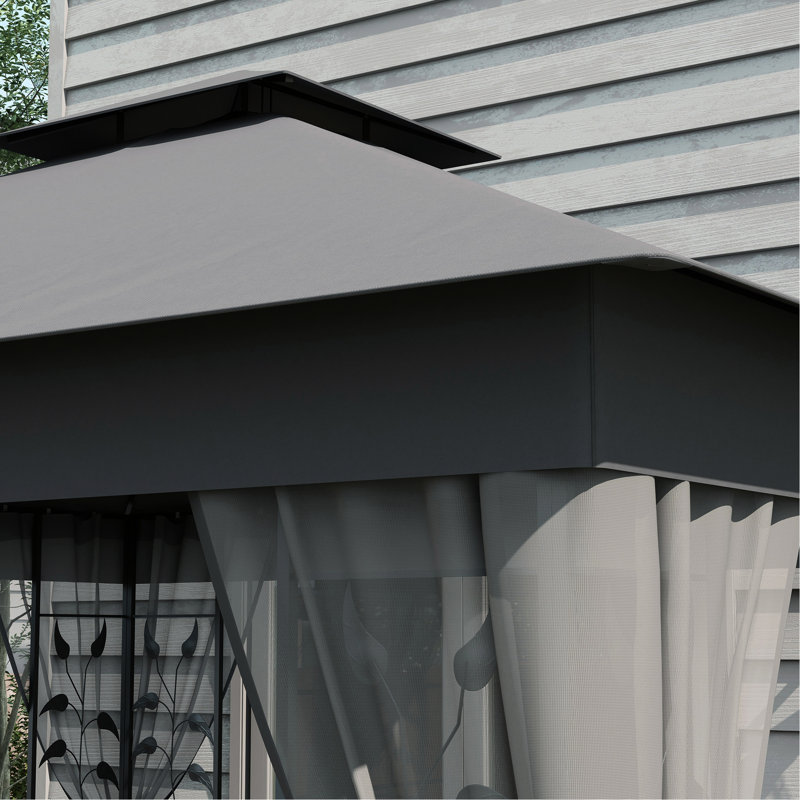 Pavillon de jardin pour terrasse avec coins et filets décoratifs, auvent gris, arbre à double toit, gris, jardin, pelouse, cour arrière