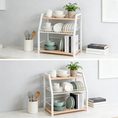 Organisateur de comptoir en bois à 3 niveaux avec tablettes inclinées, support de rangement peu encombrant pour canettes de soda, collations, café, condiments et articles de garde-manger