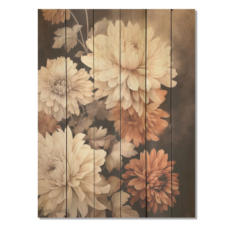 Symphonie de choranthemums beige rétro - art mural sur bois de pin naturel, H 32 po x l 24 po