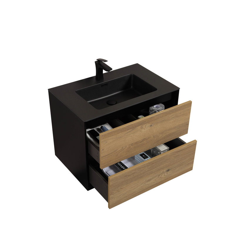 Danyall 30 po L x 19 po P 2 tiroirs Meuble-lavabo avec évier simple et Comptoir en Quartz noir d'ingénierie