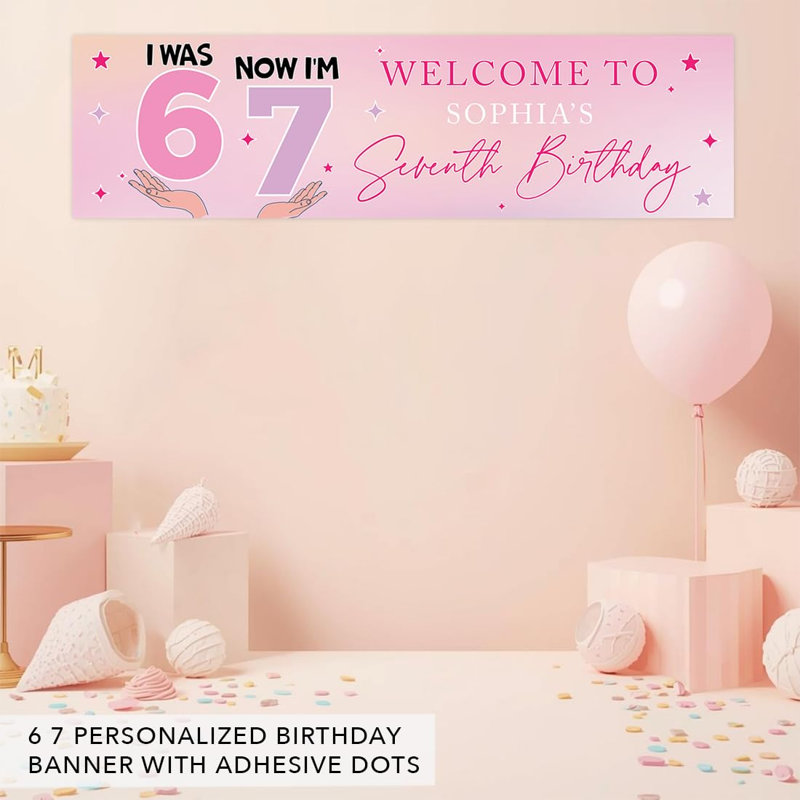 Koyal Wholesale 13 x 48 pouces personnalisé 6 à 7 anniversaire bannière, thème rose personnalisé