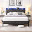 Structure de lit plateforme double en métal avec tête de lit et rangement Lumières DEL, sans sommier, sans bruit, gris foncé pour chambre à coucher moderne
