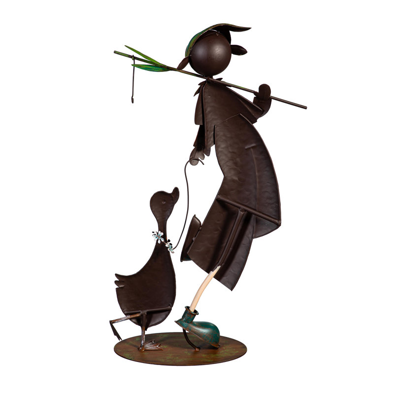 Statue de voyage en métal pour enfant avec un ami canard, H 25 po