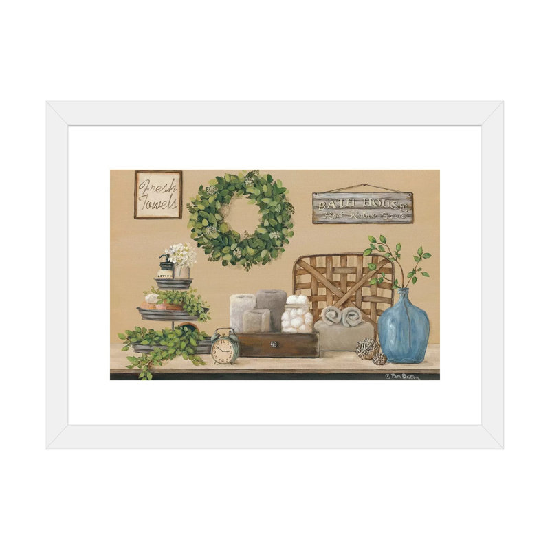 «Farmhouse Bath I» par Pam Britton - impression d'art graphique, H 24 po x l 32 po x P 1 po, Papier encadré blanc, Blanc