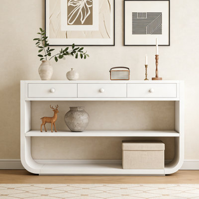Modern Curved Console Table, 3 Soft-Close Drawers & 2 Open Shelves, Solid Wood Base, Entryway Table