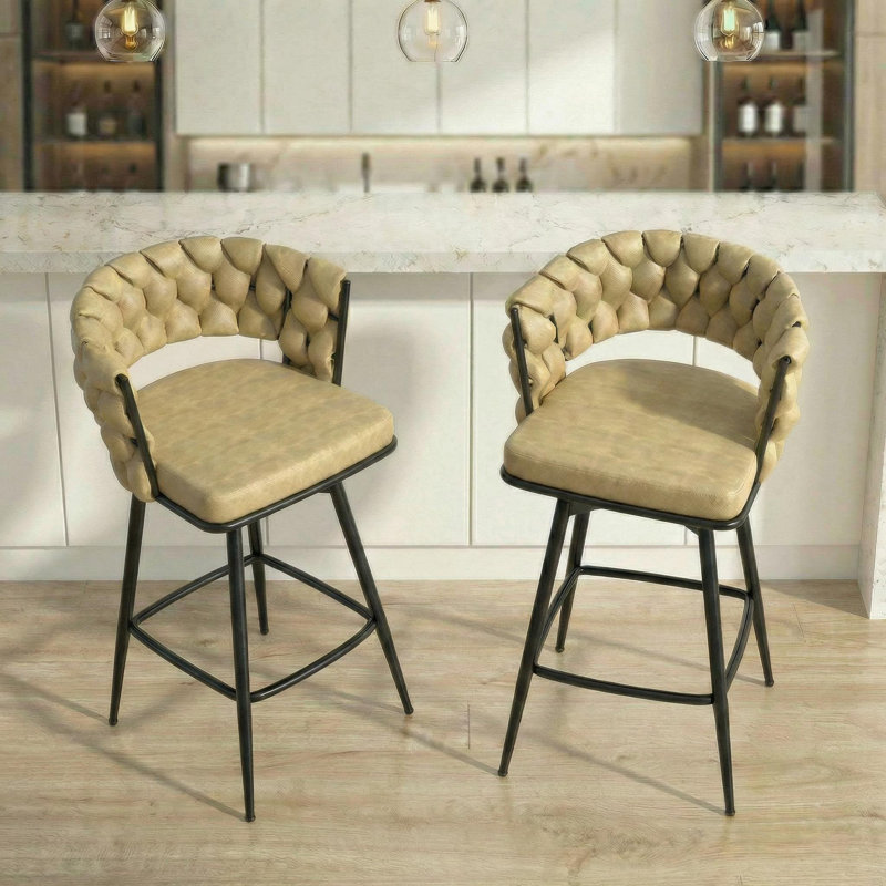 28" Swivel Bar Stools Set Of 2 – Faux Leather Counter Stools With Woven Backrest, Metal Base & Footrest, Beige