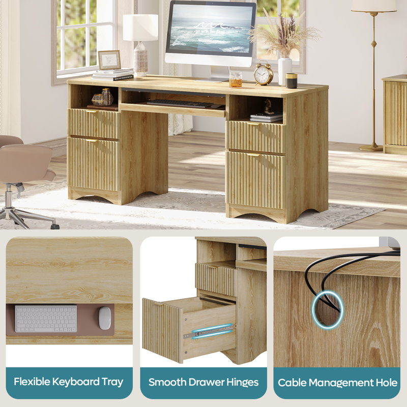 Luing 59" W Fluted Executive Desk with Keyboard Tray and File Drawers, Natural Oak, 4 Drawers + Keyboard Tray