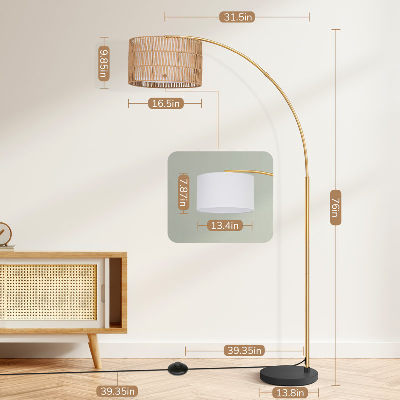 Peavine 76" H Rattan Arched Floor Lamp with Remote Control and Shade, Gold/Matte Black