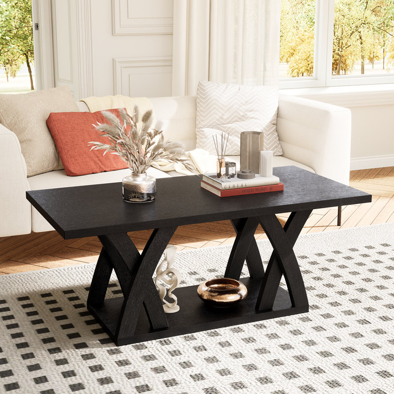 Table basse 47,24 "à 2 niveaux avec rangement pour salon, Noir, noir, noir, noir