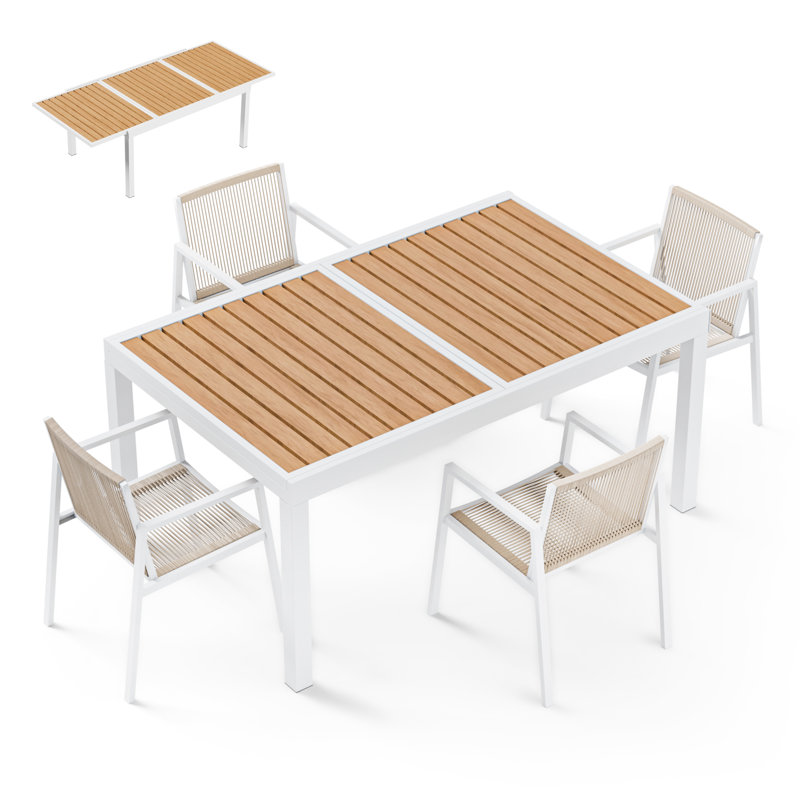 7-piece Expandable Outdoor Dining Set With Aluminum Frame And Wood-look Tabletop, Extendable Patio Table With 6 Chairs For Garden, Backyard, Or Porch, White
