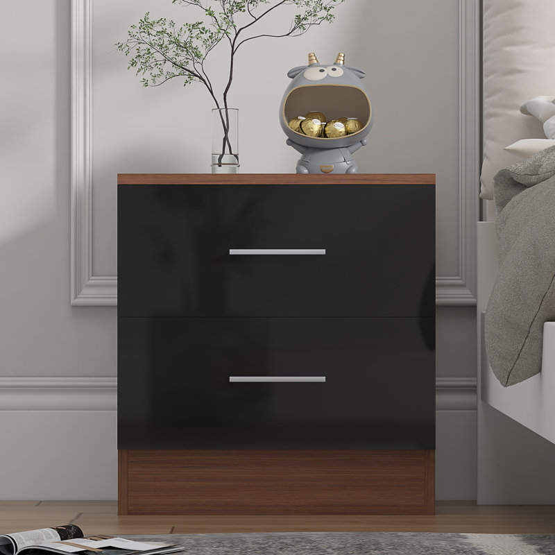 Eva High Gloss 2 Drawer Bedside Table - H: 48.5cm x D: 39.5cm x W: 45cm, Walnut/Gloss Black