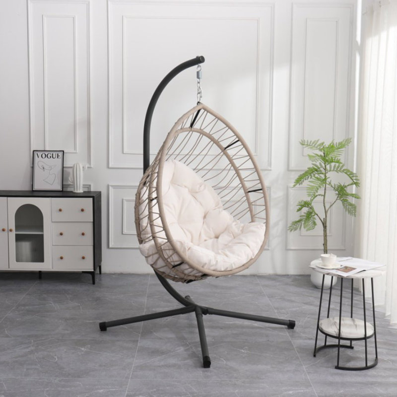Chaise d'extérieur suspendue en forme d'œuf avec support, Beige / gris clair