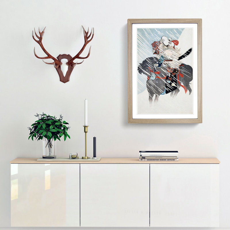 A Warrior in a Snow Storm by Toyohara Chikanobu - Framed Print, 60cm H x 40cm W x 2cm D, Oak