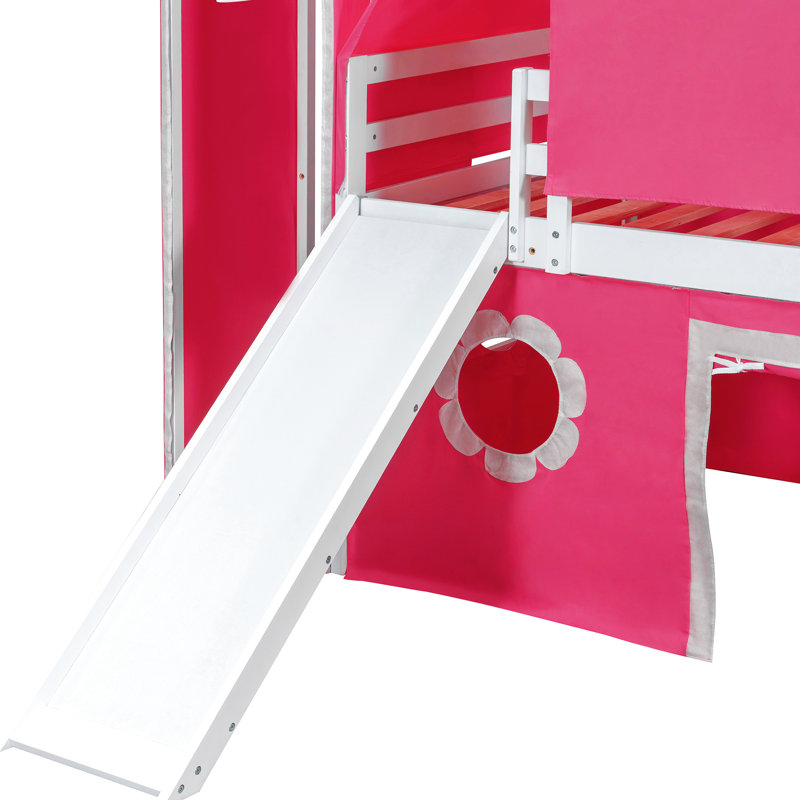 Lit simple mezzanine rose avec toboggan et tour - Bois massif, trois méthodes d'installation, pin de style Playhouse sur le thème du coin, pour rafraîchir la nuit