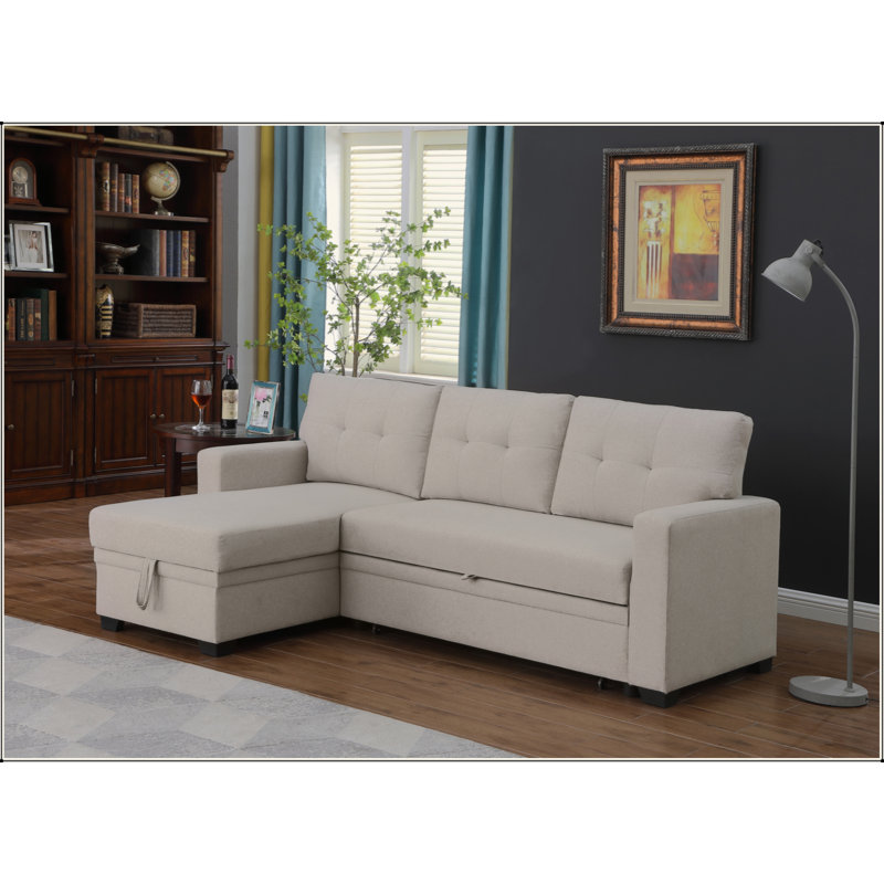 Upholstered Pull Out Sectional Sofa With Chaise, Beige