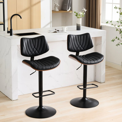Mid Century Style Kitchen Stools With Stable Base And Black Leather Upholstery Adjustable Height Stool Chair, Walnut & Upholstery, Modern For Island/dining Room/cafe, 360° Swivel, Ergonomic , Metal