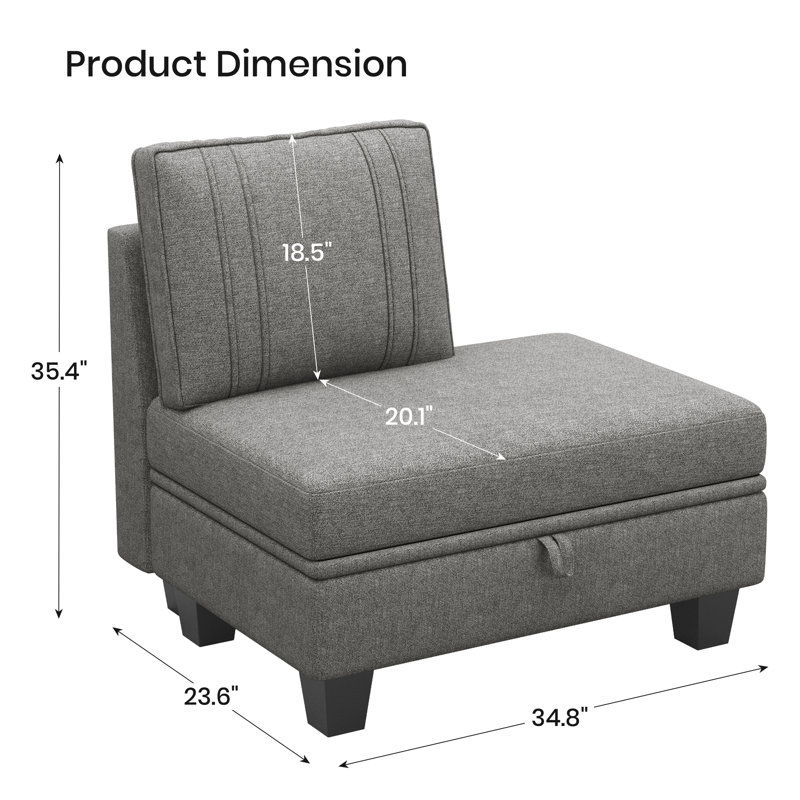 Repose-pieds avec rangement Creasong 1Pc avec dossier, module D du canapé modulaire, Mélange de polyester gris