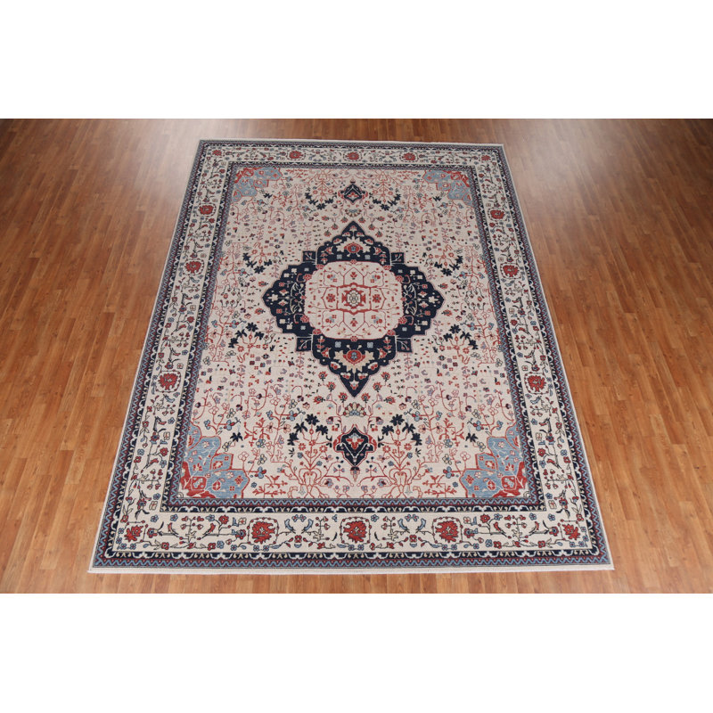 Tapis beige / ivoire / rouge en laine noué à la main de conception unique 9 pi x 11 pi 9 po