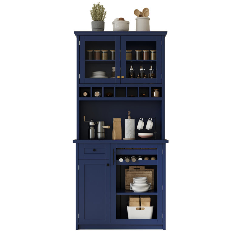 Buffet With Hutch, Shaker Style Kitchen Pantry Cabinet With Tempered Glass Doors, Adjustable Shelves, Wine Rack & Pull-Out Bottle Trays, P2 Mdf Sideboard With Anti-Tipping Device-White
