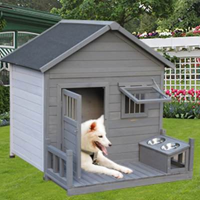 Gray Solid Wood Dog Kennel - Provides A Secure Shelter For Your Pet Outdoor Big House Ensures Good Air Circulation In Summer