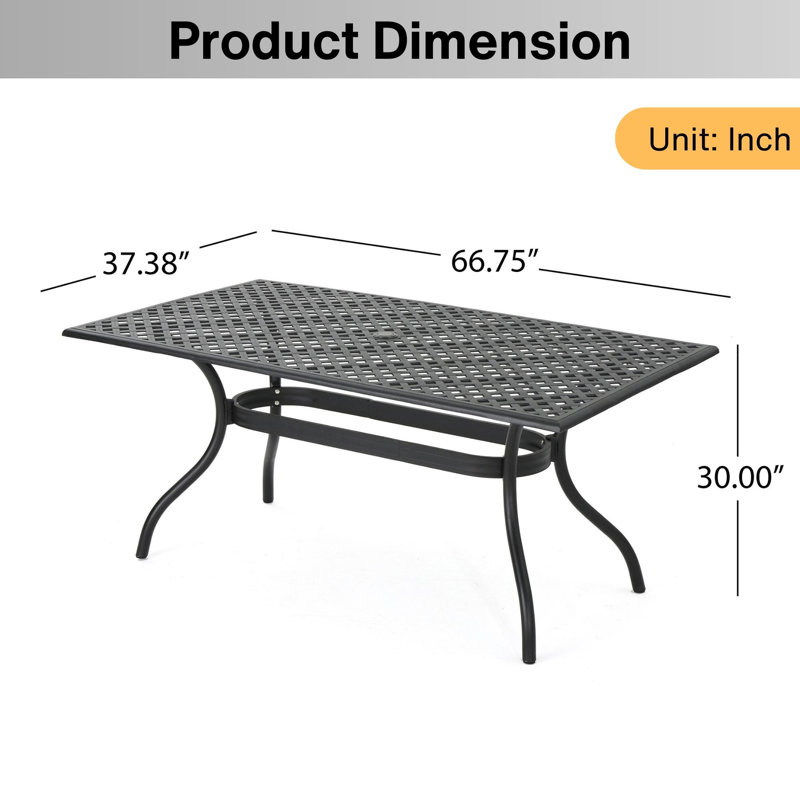 Bokoshe Rectangular Metal Outdoor Dining Table With Umbrella Hole , 66.75'' in. W 37.38'' in. D