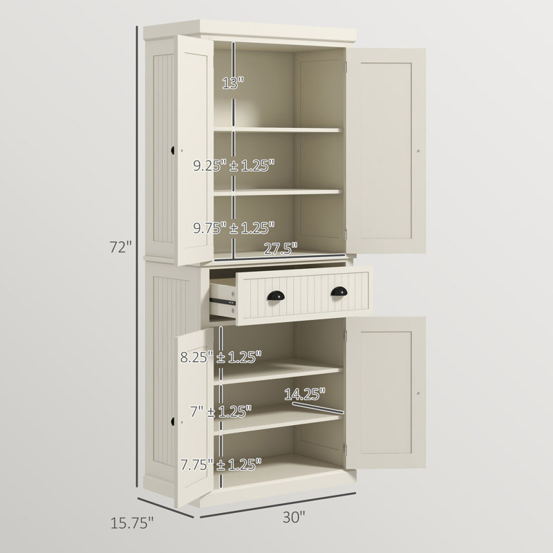 Armoire de cuisine, grande armoire de rangement autoportante, Blanc, crème