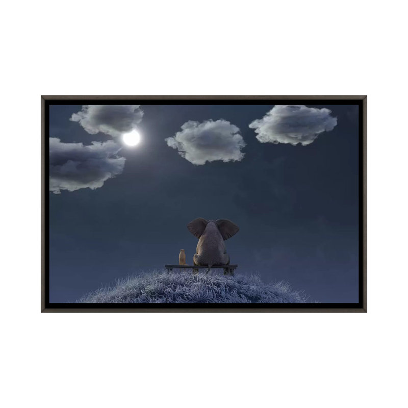 L’éléphant et le chien sont assis sur une prairie par une nuit de lune, H 26 po x l 40 po x P 1,5 po, Pas de tapis