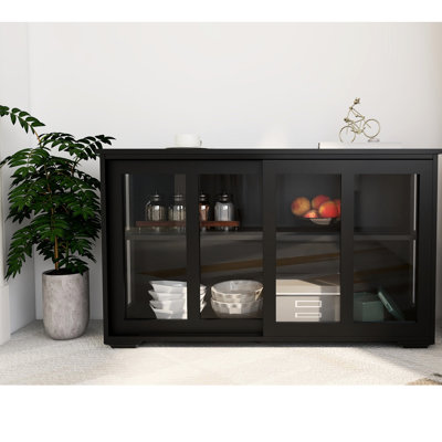 Black Kitchen Storage Cabinet With Glass Entrance Door. Produced E1 Grade For Stable Construction. Two Sliding Doors And Adjustable Shelves Provide Ample Area. Non-Slip Bottom. Simple Installation